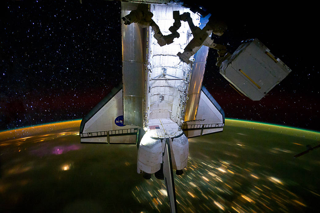 Space Shuttle Endeavour is photographed docked at the International Space Station